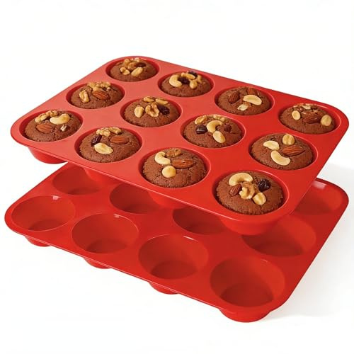 Ruinovate Silicone Muffin Pans for Baking Nonstick 2 Pcs, 12 Cup Regular Cupcake Pan, Food-Grade Silicone Baking Molds for Cupcakes, Egg Bites, Freezer, Red