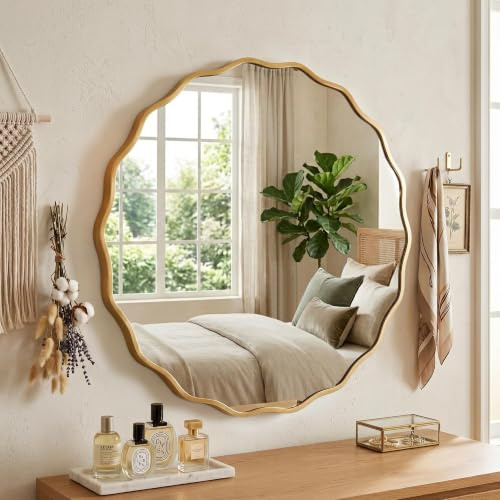 Fahomiss Wavy Runder Wandspiegel mit gebürstetem Aluminiumrahmen & gehärtetem Sicherheitsglas für Badezimmer, Flur & Wohnzimmer