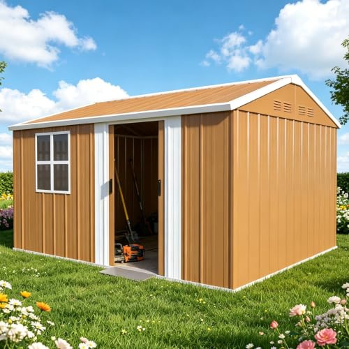 Casetta per attrezzi in metallo 360x298 cm, capanno da giardino in acciaio con finestre resistente agli agenti atmosferici senza pavimento – Ideale per la conservazione di attrezzi da giardino