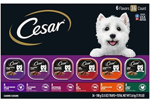 Cesar Wet Dog Food Classic Loaf in Sauce Grilled Chicken, Filet Mignon, Porterhouse Steak, Beef, Chicken & Liver and Turkey Variety Pack 3.5 oz. Easy Peel Trays (36 Count, Pack of 1)