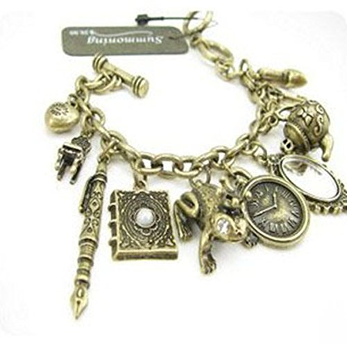 HOMEYU® Vintage Märchen Charms Frosch Spiegel Tea Party Girl Manschette Armreif Alice im Wunderland Kette
