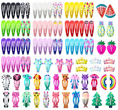 Funtopia Hair Clips for Girls,100 Pcs No Slip Metal Snap, Barrettes for Kids Teens Women, Cute Candy Color Cartoon Design Hair Pins (Animals Fruits Crowns Stars)