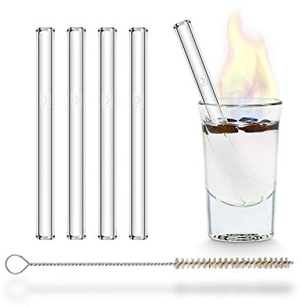 HALM Glas Strohhalme Wiederverwendbar Trinkhalm - 4 Stück kurz gerade 10 cm + plastikfreie Reinigungsbürste - Spülmaschinenfest - Glastrinkhalme Glasstrohalme für Shot-Gläser