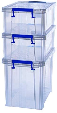 BANKERS BOX Plastic Storage Boxes with Lids, Pack of 3, 2 x 10 Litre + 1 x 18.5 Litre. ProStore Strong Stackable Plastic Storage Boxes, Made in the UK, Clear