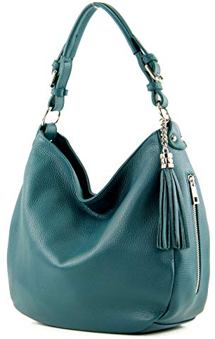 modamoda de T200 Damen Leder Schultertasche Henkeltasche handmade in Italy, Farbe:Petrol