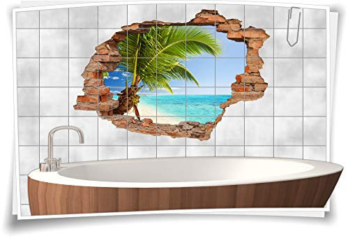 3D Fliesen-Bild Fliesen-Aufkleber Bad Palmen Strand Sand Meer Insel Urlaub Deko, 135x90cm, 15x20cm (BxH)