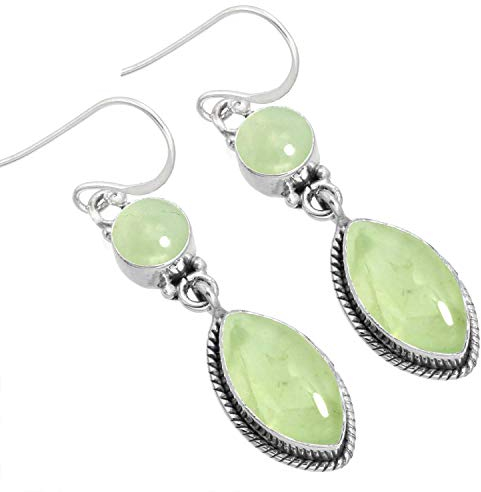 Jeweloporium Grüner Prehnit Ohrhänger Silber, 925 Sterling Silber Ohrring für Frauen, Echter Marquise Edelstein Boho Schmuck