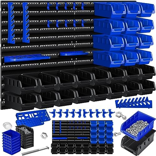 MASKO® Stapelboxen + Wandregal + Werkzeughalter 45-teiliges Set Box erweiterbar Sichtlagerkästen Schüttenregal Steckregal, Hängeregal Sortimentskasten Kleinteilemagazin Werkstatt-Regal Schwarz/Blau
