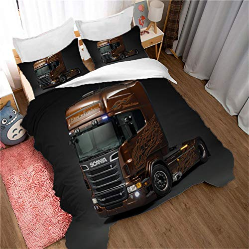 MENGBB 3D Bettbezüge für Kinder Roter Schwerer LKW - 135x200cm Gesamt 4 Größen, Bettwäsche Bettbezug Set, 3D Mikrofaser mit Reißverschluss 1 Bettbezug + 2 Kissenbezug für Kinder, Jungen, Mädchen