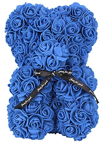 FeiWen Orso Fiore Rosa 10 Pollici Orsacchiotto di Peluche Fiori Artificiali Festa della Mamma, Anniversario con Acquazzone Nuziale con (Blu)