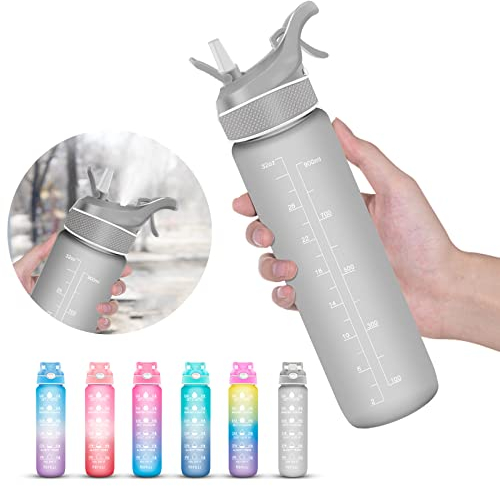 WOODFIB Bouteille d'eau de sport avec brumisateur pour hydratation en extérieur, 1 L avec marqueur de temps, idéale pour la course à pied, le fitness et le cyclisme