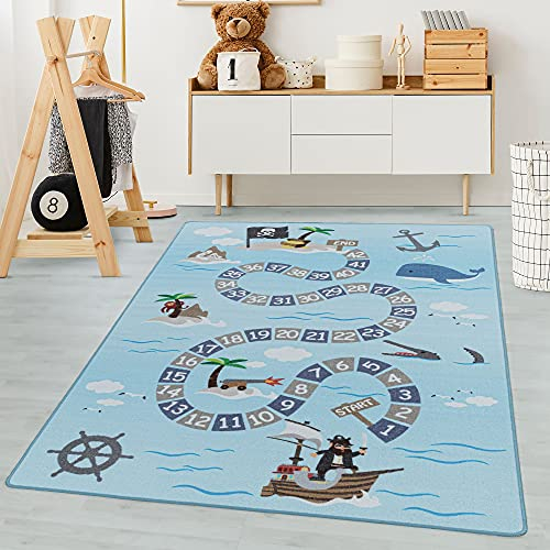 Carpetsale24 Kinderteppich Modern Piraten-Design Blau 100 x 150 cm - Kurzflor Teppich Kinderzimmer Waschbarer Spielteppich Babyteppich für Jungen und Mädchen Extra Weich und Antiallergen Rechteckig