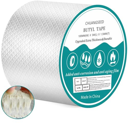 CHUANGSEED Butyl waterproof tape 10cm X5M (4 x 16 ft) RV Rubber Roof Flashing Tape for leaks sealant Leak Proof Butyl Seal Strip, Repair for Boat, Roof, tent repair(1.5mm x 100mm x 5m)