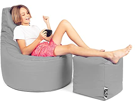 PATCH HOME Patchhome Gamer Kissen Lounge Kissen Sitzsack Sessel Sitzkissen Bean Bag + Würfel/Hocker mit Reißverschluss bereits befüllt (Grau, XL - Ø75cm Sessel + 35x35cm Würfel)