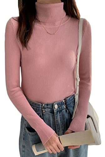 shownicer Pull Col Roulé Femme Tricot Hiver Chaud Chic Ajusté Moderne Serré Col Montant Confortable sous-Pull Basique Pullover Manches Longues Vintage Top Haut Rose Taille Unique
