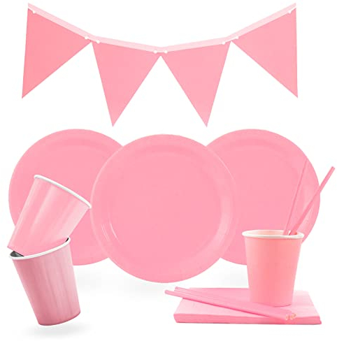 LASE C9 Set 127pcs de Vajilla Desechable para Fiestas de Cumpleaños 30 personas. Incluye Platos, Vasos, Servilleta y Guirnaldas de papel cartón. Material EcoFriendly. (Rosa Liso)