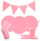LASE C9 Set 127pcs de Vajilla Desechable para Fiestas de Cumpleaños 30 personas. Incluye Platos, Vasos, Servilleta y Guirnaldas de papel cartón. Material EcoFriendly. (Rosa Liso)