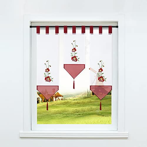 CORLIF 3er-Set Scheibengardine mit Schlaufen Voile Transparente Bistrogardine Landhaus Küche Kurzstore Kleinfenster Gardine mit Stickerei Muster Rot BxH 20x50cm 1er Pack + BxH 20x70cm 2er Pack