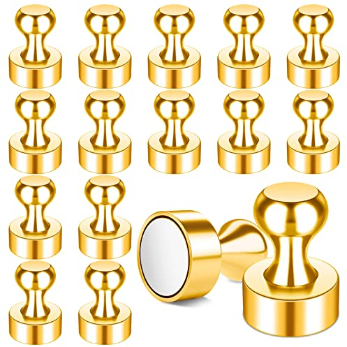 FINDMAG 16 Pack Fridge Magnets Magnetic Push Pins, Refrigerator Magnets Small Magnets for Whiteboard, Magnetic Thumb Tacks Whiteboard Magnets, Office Push Pin Magnets for Wall Hanging, Map (Gold)