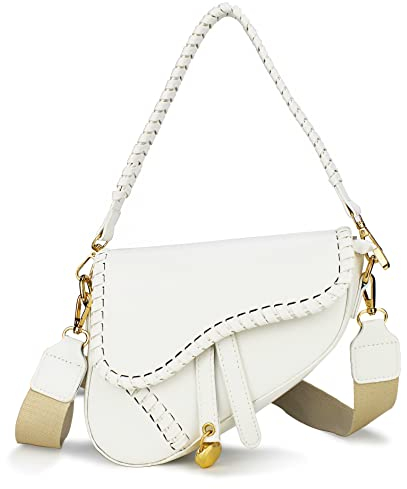 Right 20 Vintage Satteltasche für Damen Damen Handtasche Klein mit 2 Schultergurte Schultertasche Damen PU Leder Umhängetasche Frau Handtasche Geldbörse Messenger Bag (Weiß)