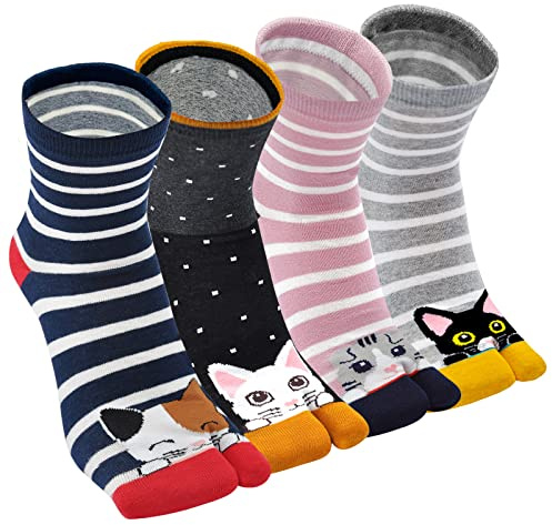 Chaussettes Japonaises Tabi Femme Coton Chaussettes Tong Flip-Flop Sabots Tabi Socks Fantaisie Chaussettes 2 Orteil à motif Sakura, Taille 35-41, 4 Paires