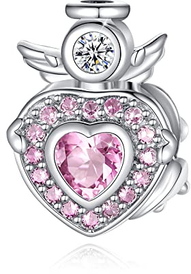 FOREVER QUEEN Damen Charms Engelsflügel Charme Liebe Herz Anhänger 925 Sterling Silber Charms Geburtsstein Anhänger für Armbänder und Halsketten