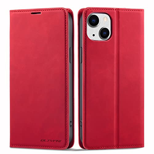 QLTYPRI Case for iPhone 14, Premium PU Leather Cover TPU Bumper with Card Holder Kickstand Hidden Magnetic Adsorption Flip Wallet Case Cover for iPhone 14 - Red