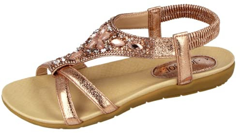 Jo & Joe Ladies Faux Leather Open Toe Sling Back T-Bar Diamante Gem Stone Flat Gladiator Summer Sandals Rose Gold 7 UK