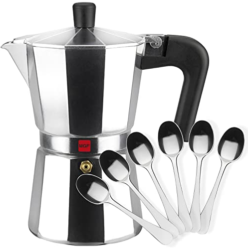 MAGEFESA Kenia - Cafetera Italiana 6 Tazas + 6 Cucharillas Moka, 300ml, Manejo Cómodo, Aluminio Esmaltado, Todas las Cocinas, NO APTA PARA INDUCCIÓN