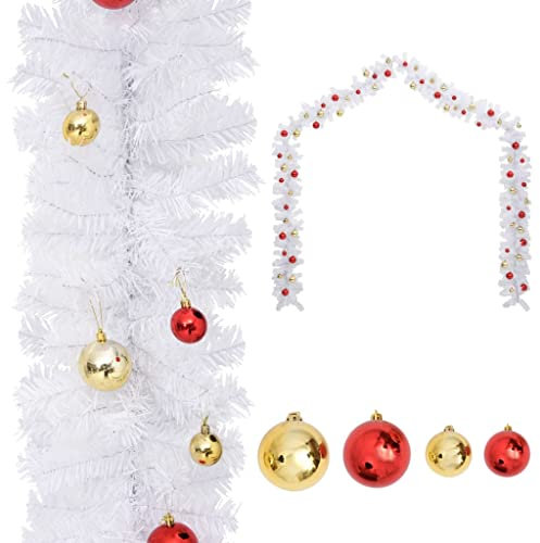 HOMIUSE 10m L Weiß Weihnachtsgirlande Geschmückt mit Kugeln Weihnachtsdeko Aussen Weihnachtsgirlande Girlande Weihnachten Weihnachtsdeko Innen Weihnachten Deko Tannengirlande mit Beleuchtung
