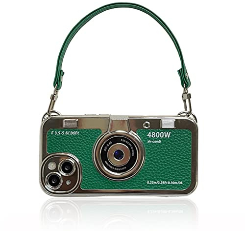 QoKcoahn 3D Vintage Camera Phone Case with Hand Strap - Unique Cool Silicone PC Shockproof Crossbody Protective Case for iPhone 14-Green