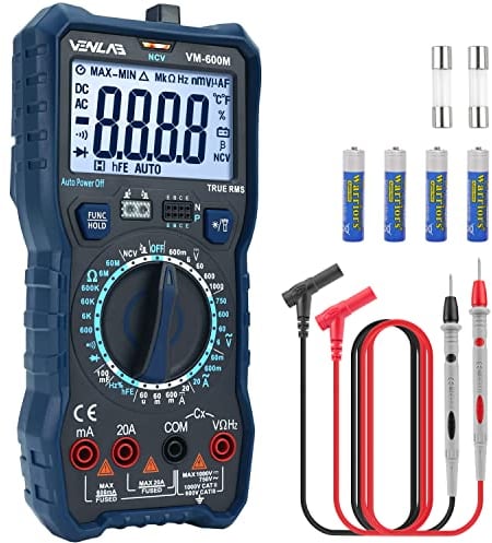 Multimetro Digitale Professionale, VENLAB Multimetro a TRMS 6000 Conti, Intervallo Manuale, Tester Elettrico Voltmetro Amperometrico, Misura Tensione/Corrente/Diodi, con Display LCD e Supporto.