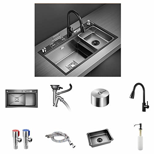 Waschbecken Küchenarmatur, Single Sink Schwarzer Edelstahl Nano Sink Gemüsewaschbecken Step Dish Sink Workstation Sink Badezimmer Sink Home Sink Set (Color : Black-D, Siz