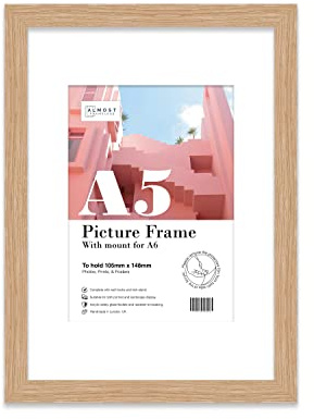 Almost Frameless A5 Oak Picture Frame With Mount for A6 (10.5 x 14.8cm - 4.1 x 5.8in) Poster, Photo, Artwork, or Print. Thin Edge Slim Frame Portrait and Landscape Display with Wall Hooks