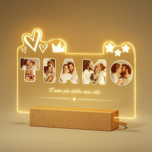 Bemaystar Ti Amo Lampada Personalizzata con Foto e Dedica - Idea Regalo per Lei Lui, LED USB, Acrilico e Legno, 15x22cm