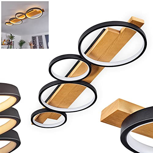 LED Deckenleuchte Rodekro, dimmbare Deckenlampe aus Metall/Holz/Kunststoff in Schwarz/Natur/Weiß, über herkömmlichen Lichtschalter dimmbar, Leuchte m. Holzbalken, LED 42 Watt, 3000 Kelvin, 4200 Lumen