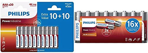 PHILIPS Batterie AAA - LR03/1.5V - Batterie Alcaline - 20 Pezzi - Pacco Batterie & Confezione Economica di Batterie AA - 16 Pezzi - Batterie Alcaline - LR6 - Durata fino a 10 Anni