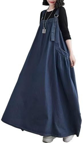 EXPOING Robe Pull en Jean pour Femme, Version Ample, Style Baggy, Longueur Maxi, Bretelles réglables, Ourlet Large, Noir foncé, Medium