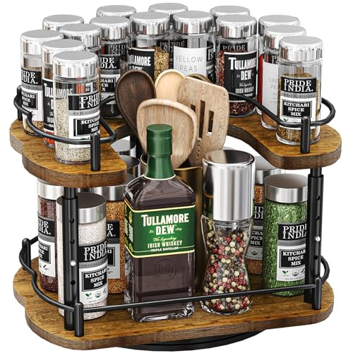 Lazy Susan Organizer Spice Rack - Spice Organization for Cabinet Height Adjustable Rotating Lazy Turntable, Pantry Kitchen Wood Revolving Seasoning Organizer (Vintage, 12 Inch)
