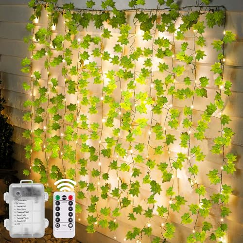 Joycome Efeu Lichterkette 10M 100 LED Aesthetic Zimmer Deko Batteriebetrieben mit Fernbedienung, Timer, 8 Modi Wasserdicht Fake Efeu Künstlich Girlande für Balkon Garten Room Terassen Außen Innen