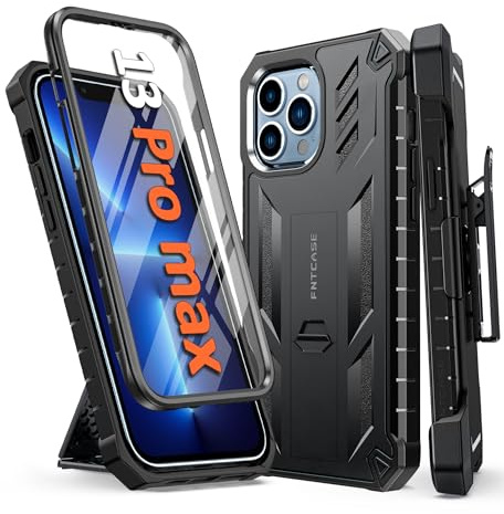FNTCASE for iPhone 13 Pro Max Case, Belt Clip, Built-in Screen Protector | with Rugged Kickstand, 20FT Military-Grade Drop Protection, Full Body Heavy Duty Shockproof Holster, Hard Protective Cover