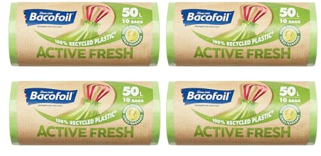 Bacofoil Active Fresh 50L Bin Liners - 40 Recycled Bin Bags (4 Rolls) | Leak-Proof Design, Citrus Fragrance | Odour Prevention, Eco-Friendly Waste Disposal