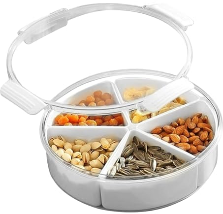 HOMURY Snack Tablett Geteiltes Serviertablett: Süßigkeiten Box mit Deckel Snacks Aufbewahrungsbox, 5 Kunststofffächern Snack Aufbewahrungsbox Rundes Gemüsetablett für Süßigkeiten, Obst, Nüsse, Snacks