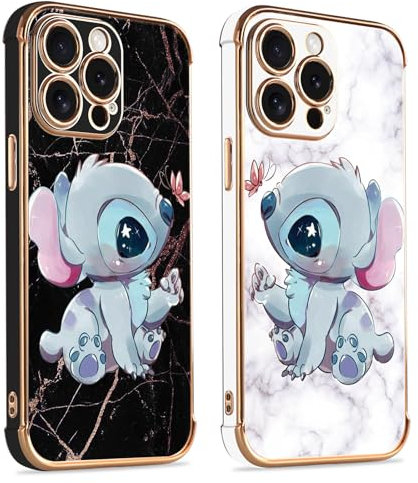 2 Stück Karikatur Stitch Handyhülle Kompatibel mit Samsung Galaxy A14 5G Hülle 6,6,Cartoon Anime Muster Galvanisierte Schutzhülle Weich TPU Stoßfest Dünn Case mit Kameraschutz,Schwarz & Weiß,01