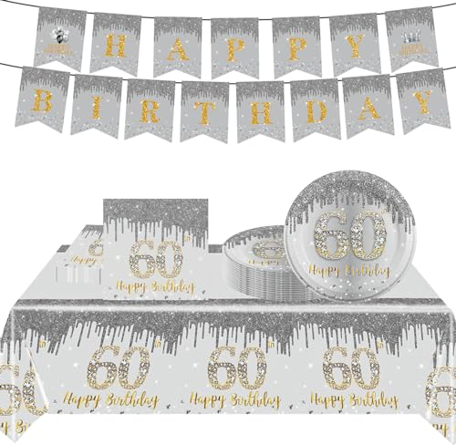 POPOYU 38Pcs Sliver and Gold 60th Birthday Tableware Set, Happy 60th Birthday Party Dinnerware, Paper Plates 9 Inch Napkins Table Cloth Banner for Boys,Girls,Men,Women,Her,Him Gifts Party Supplies