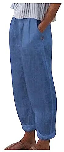 2024 Angebote,Leicht Leinenhose Damen Stoffhose Damen Sommer Yogahose Damen Lässige Baggy Jogginghose Outdoorhose Damen Luftige Sommerhose Damen Taille Sommerurlaub Must Have(A Dunkelblau,L)