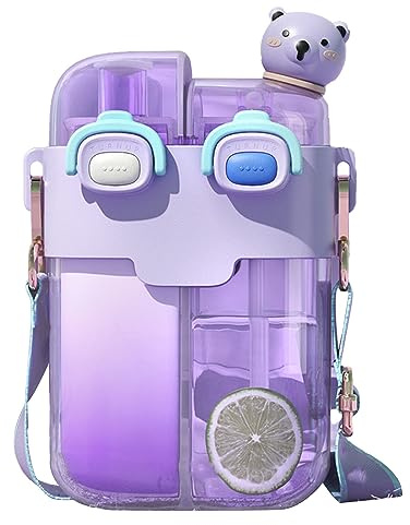 HEEPDD Modische Kawaii-Wasserflasche mit Riemen und Zwei Fächern – Auslaufsichere Trinkwasserflasche mit Verstellbarem Riemen für Outdoor-Sport, Yoga, Fitnessstudio und Camping