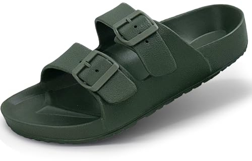 BEMGNAR Men’s Lightweight Comfort Slides Double Buckle Slip-on Adjustable EVA Orthopedic Flat Sandals, Army Green, 9 UK