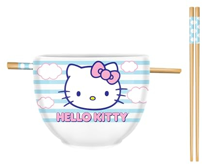 Silver Buffalo Sanrio Hello Kitty Blue and Pink Skies Ceramic Ramen Noodle Rice Bowl with Chopsticks, Microwave Safe, 20 Ounces