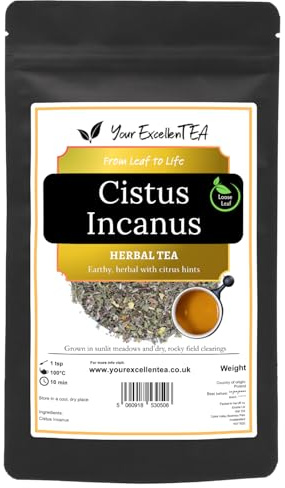 Cistus Incanus Rock Rose Loose Leaf Herbal Tea, Mild & Earthy, 150g | Pure Mediterranean rock rose herb brews a mild, earthy-floral infusion for daily drinking, packed in a resealable pouch.